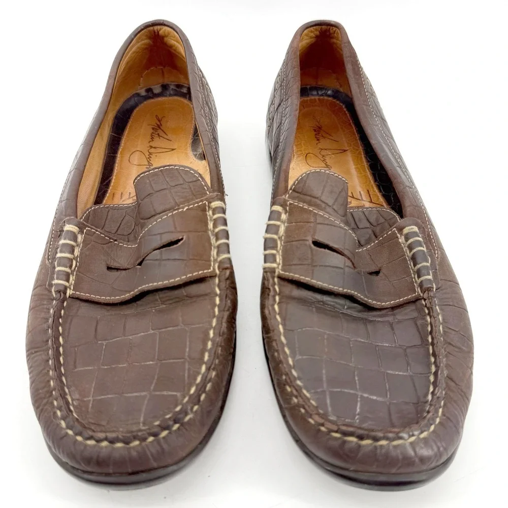 Martin Dingman Leather Penny Loafers Mens 10.5 M Brown Croc Embossed